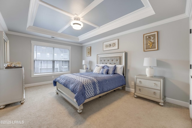 bedroom featuring ornamental molding, light carpet, and ceiling fan