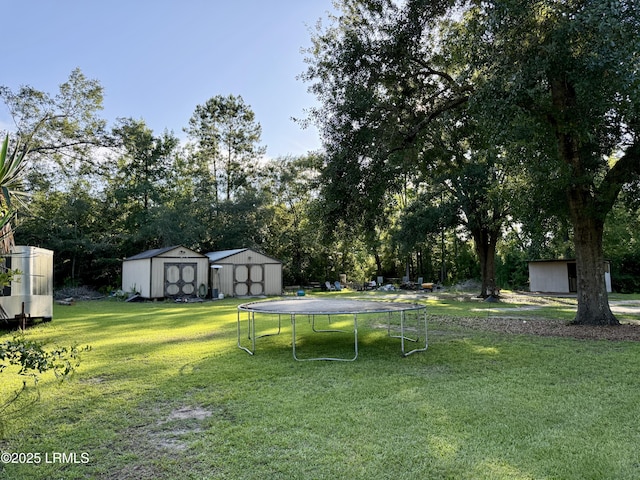 26 Mallard St, Ridgeland, SC 29936 - view of grassy yard with a storage shed, a trampoline, and view of scattered trees