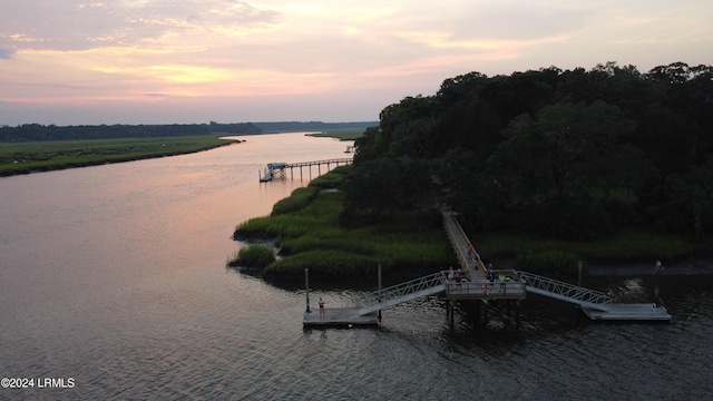 water view featuring a dock