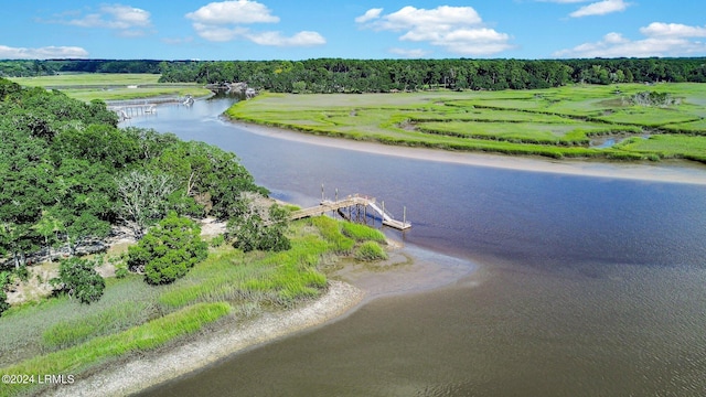 drone / aerial view with a water view and a rural view