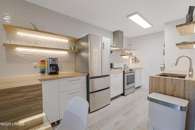 kitchen featuring tasteful backsplash, white cabinetry, sink, stainless steel appliances, and wall chimney exhaust hood