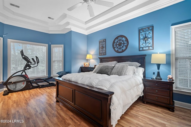 bedroom with ceiling fan, ornamental molding, a tray ceiling, and multiple windows