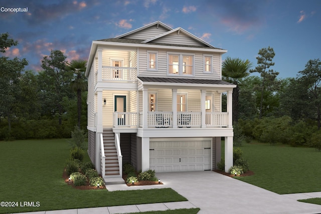 view of front facade with a garage, a porch, and a lawn