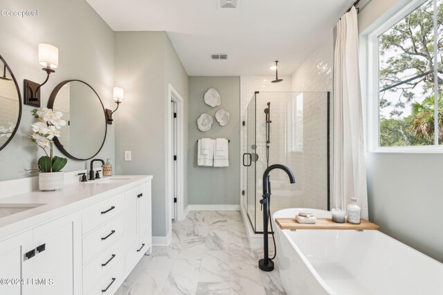 bathroom featuring vanity and shower with separate bathtub