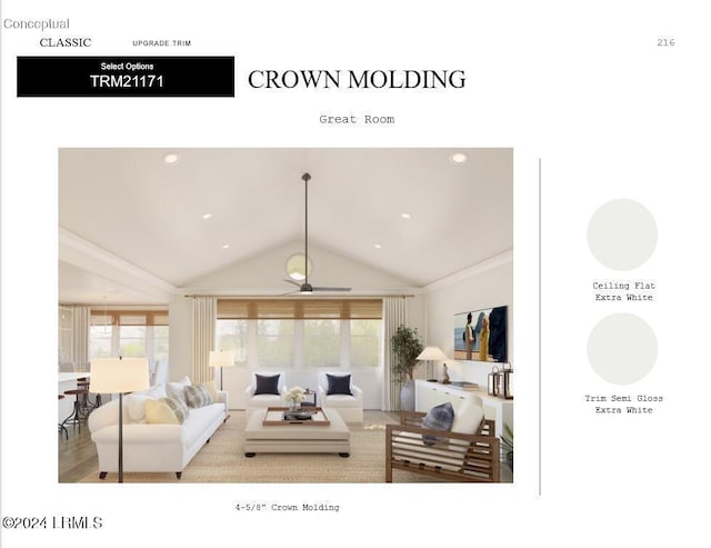 living area with a ceiling fan, plenty of natural light, and vaulted ceiling