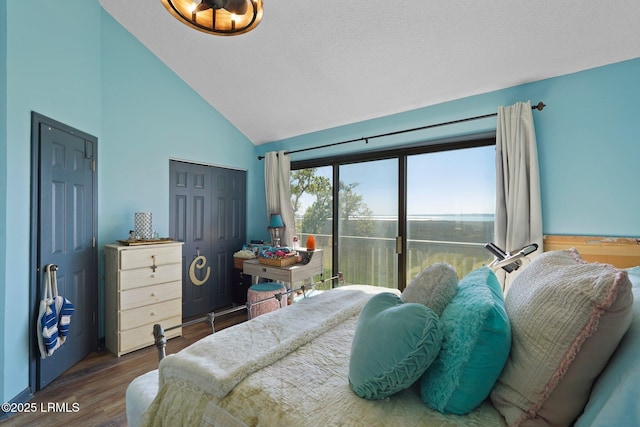 31 Anchorage Pt Unit 31, Hilton Head Island, SC 29928 - bedroom featuring a textured ceiling, wood finished floors, access to outside, a closet, and high vaulted ceiling