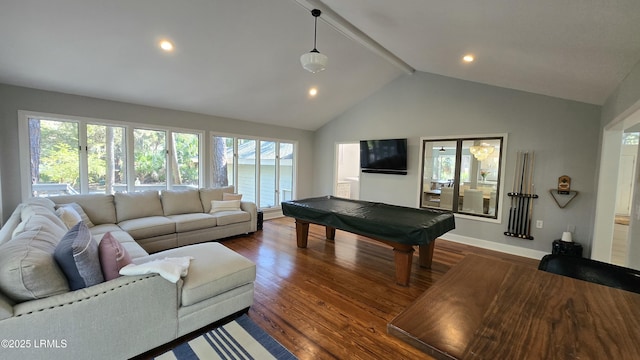 living room with dark wood-type flooring, recessed lighting, beam ceiling, and pool table