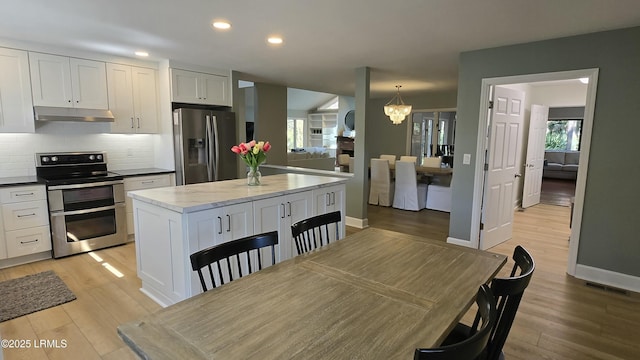 kitchen with under cabinet range hood, white cabinetry, hanging light fixtures, appliances with stainless steel finishes, and tasteful backsplash