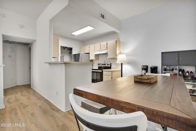 interior space with visible vents, appliances with stainless steel finishes, light wood-type flooring, under cabinet range hood, and baseboards