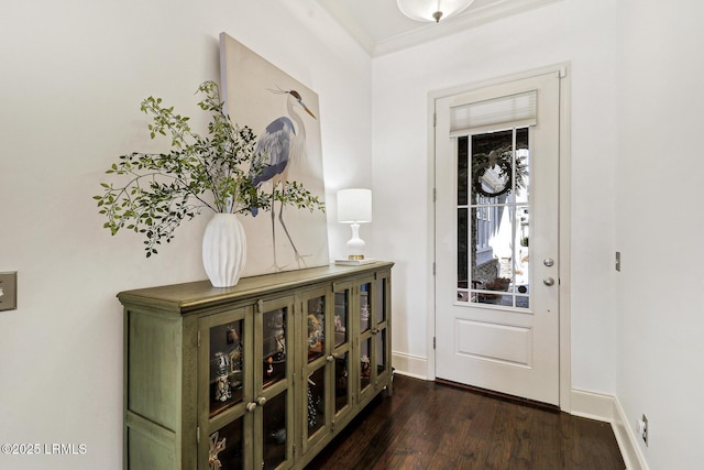 foyer entrance with ornamental molding and dark hardwood / wood-style floors