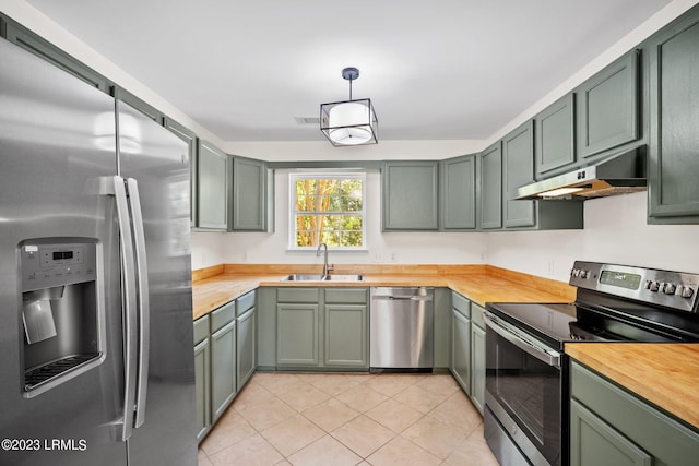 7 Grandiflora Ln, Beaufort, SC 29907 - kitchen with appliances with stainless steel finishes, a sink, green cabinetry, and under cabinet range hood