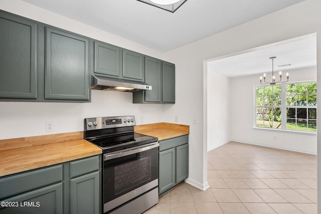 7 Grandiflora Ln, Beaufort, SC 29907 - kitchen featuring stainless steel electric range, under cabinet range hood, a chandelier, light tile patterned flooring, and baseboards