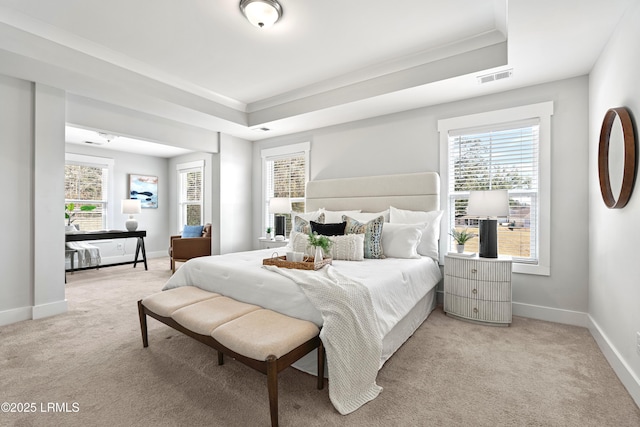 carpeted bedroom with baseboards, visible vents, and a tray ceiling