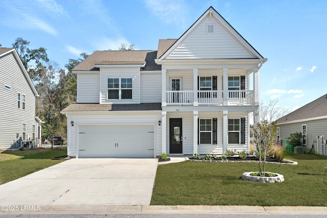 view of front of house with an attached garage, a balcony, a shingled roof, driveway, and a front yard