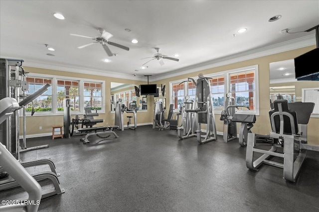 gym with ceiling fan, baseboards, crown molding, and recessed lighting