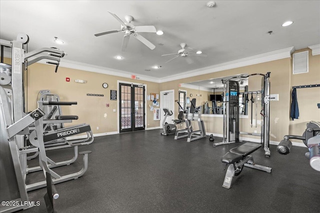 exercise room featuring french doors, crown molding, recessed lighting, a ceiling fan, and baseboards