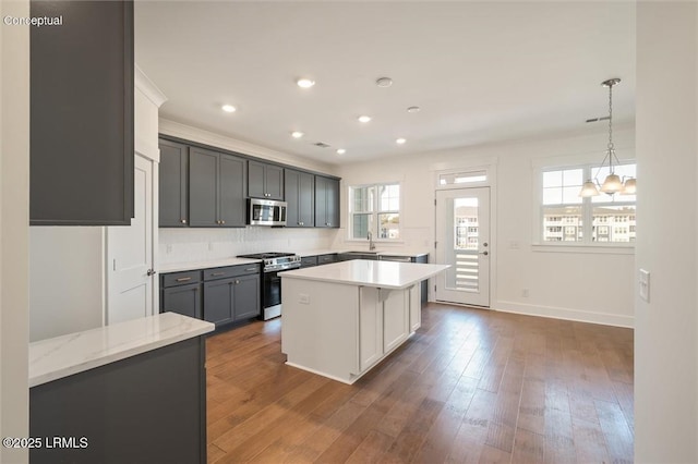427 Parkside Commons, Bluffton, SC 29910 - kitchen featuring stainless steel appliances, dark wood-type flooring, recessed lighting, decorative light fixtures, and gray cabinetry