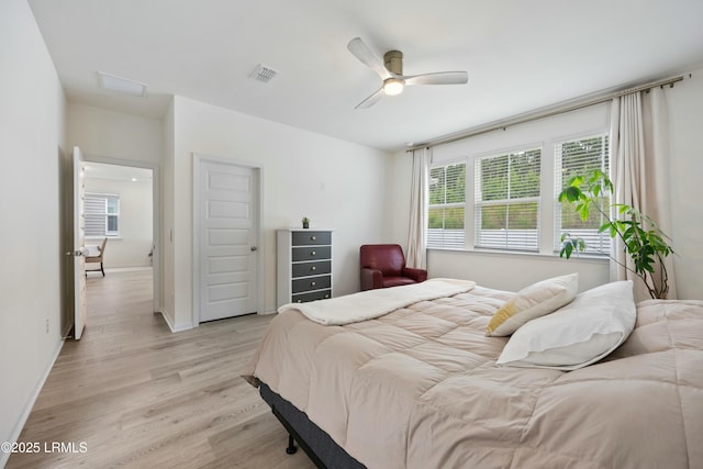 bedroom with ceiling fan and light hardwood / wood-style flooring