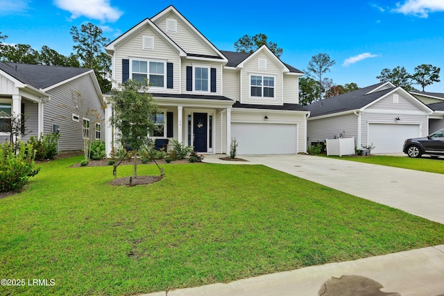 view of front facade with a garage and a front lawn