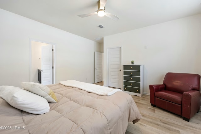 bedroom featuring light hardwood / wood-style floors and ceiling fan