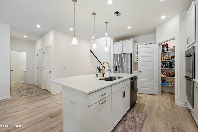 kitchen featuring a kitchen island with sink, sink, white cabinetry, and appliances with stainless steel finishes