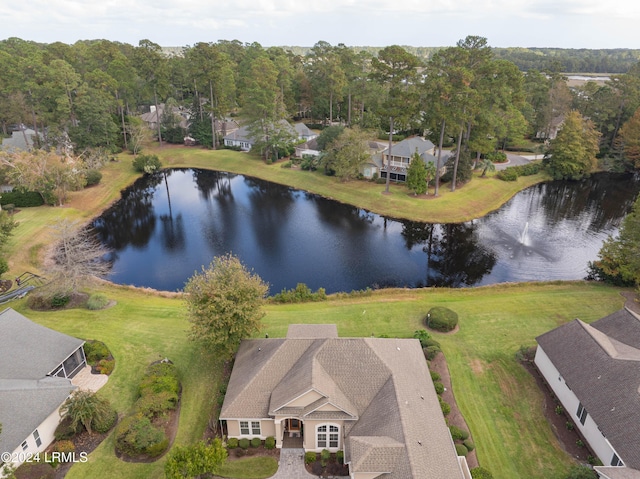 bird's eye view with a water view