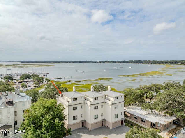 aerial view featuring a water view