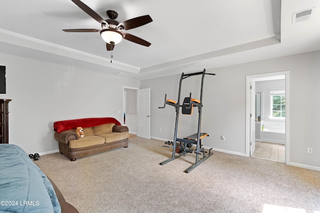 exercise room with carpet flooring and a tray ceiling