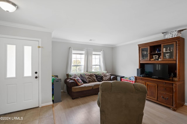 living room featuring ornamental molding and light hardwood / wood-style floors