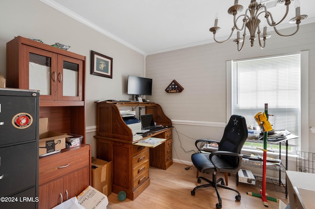 office featuring a notable chandelier, light hardwood / wood-style flooring, and ornamental molding