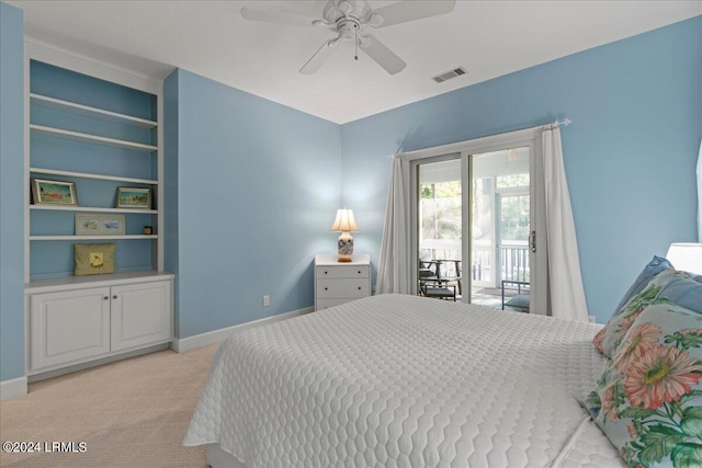 bedroom with access to exterior, light colored carpet, and ceiling fan