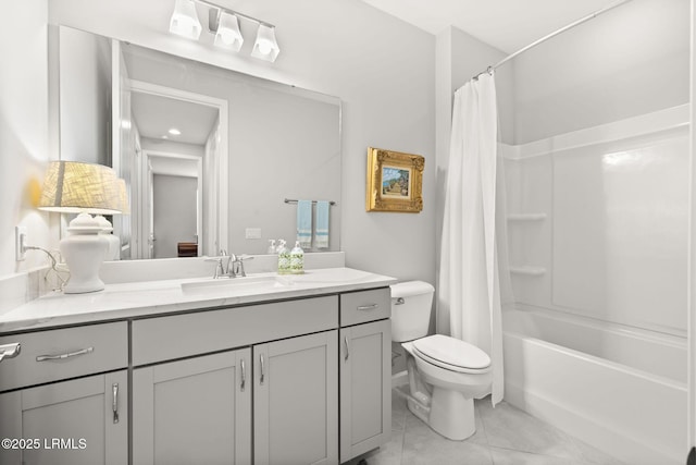 full bath with toilet, shower / bathtub combination with curtain, and vanity