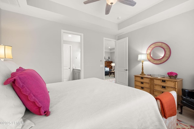 bedroom with recessed lighting, a ceiling fan, visible vents, and ensuite bath