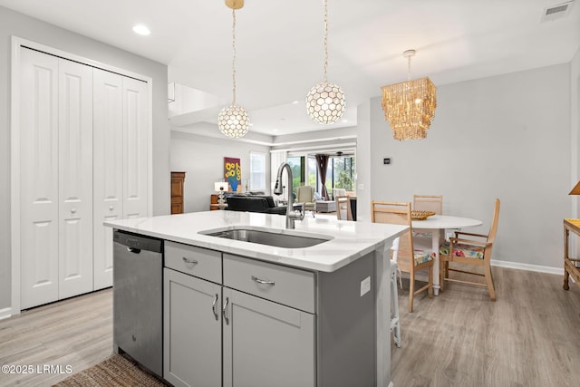 kitchen with recessed lighting, a sink, visible vents, light wood-style flooring, and dishwasher