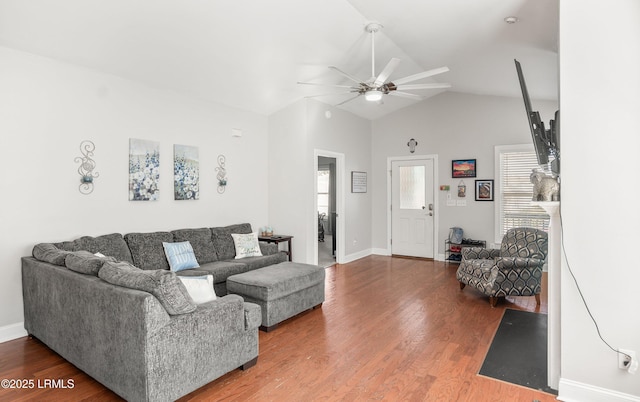 living room with vaulted ceiling, wood-type flooring, and ceiling fan