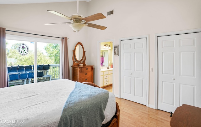 3 Ocean Marsh Ln, Harbor Island, SC 29920 - bedroom featuring two closets, light wood-type flooring, ceiling fan, ensuite bath, and access to exterior
