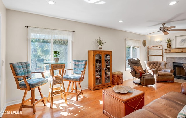 3 Ocean Marsh Ln, Harbor Island, SC 29920 - living area featuring recessed lighting, a fireplace, light wood finished floors, and a ceiling fan