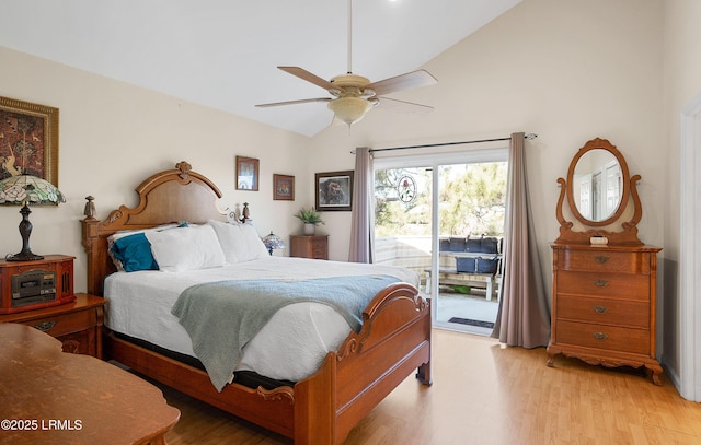3 Ocean Marsh Ln, Harbor Island, SC 29920 - bedroom with access to outside, light wood finished floors, ceiling fan, and high vaulted ceiling