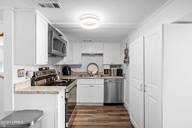 kitchen with sink, white cabinetry, light stone counters, appliances with stainless steel finishes, and dark hardwood / wood-style flooring