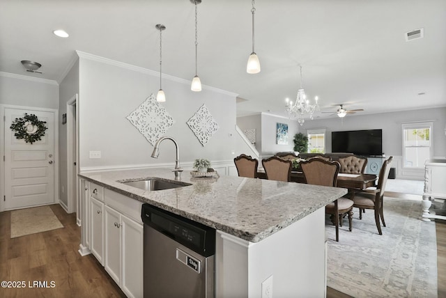 kitchen with a sink, dishwasher, a center island with sink, dark wood finished floors, and visible vents