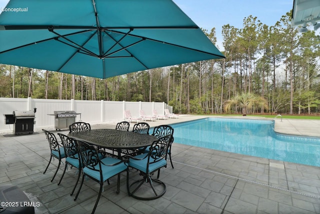 view of pool featuring a grill, a fenced in pool, fence, and a patio