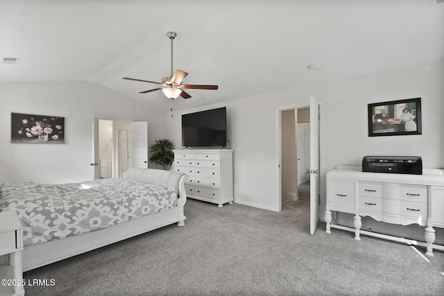 bedroom with vaulted ceiling, baseboards, carpet floors, ceiling fan, and visible vents