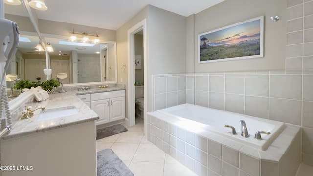 full bathroom with tile patterned floors, toilet, vanity, and plus walk in shower