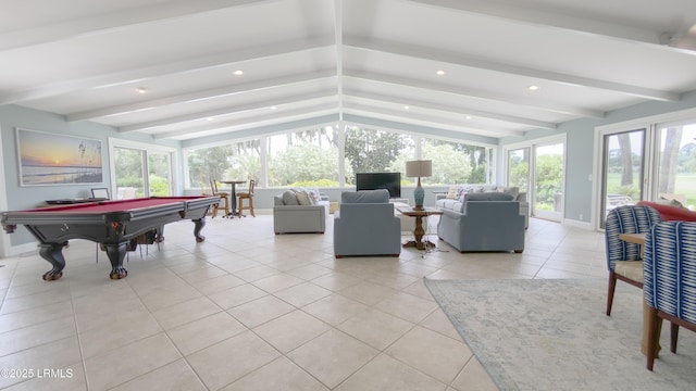 playroom featuring vaulted ceiling with beams, light tile patterned floors, pool table, and a healthy amount of sunlight