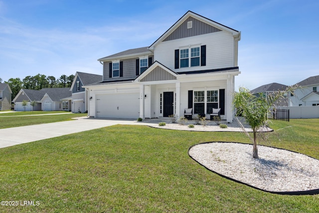 view of front facade with board and batten siding, driveway, an attached garage, and a porch