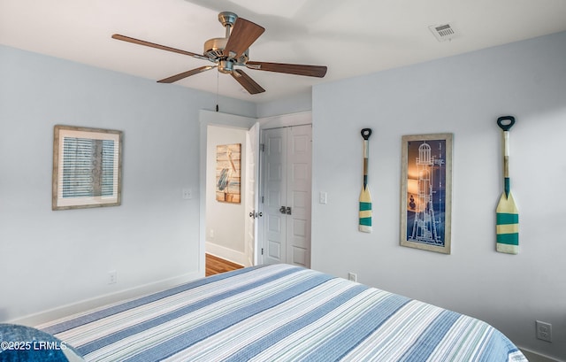 bedroom featuring ceiling fan and a closet