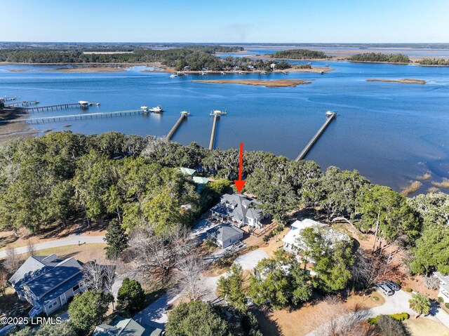 aerial view featuring a water view