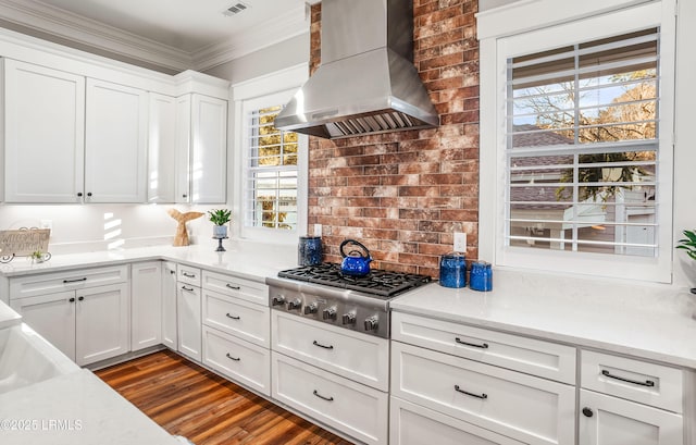 kitchen featuring dark hardwood / wood-style floors, island range hood, stainless steel gas stovetop, white cabinets, and crown molding