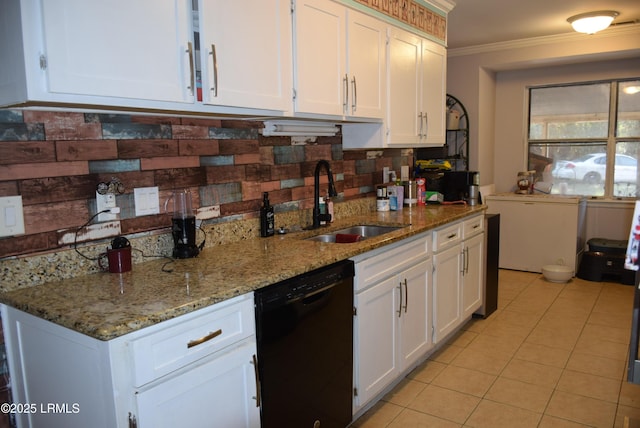 kitchen with sink, dishwasher, ornamental molding, light stone countertops, and white cabinets