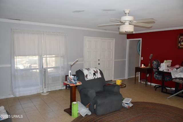 tiled living room with ceiling fan and ornamental molding